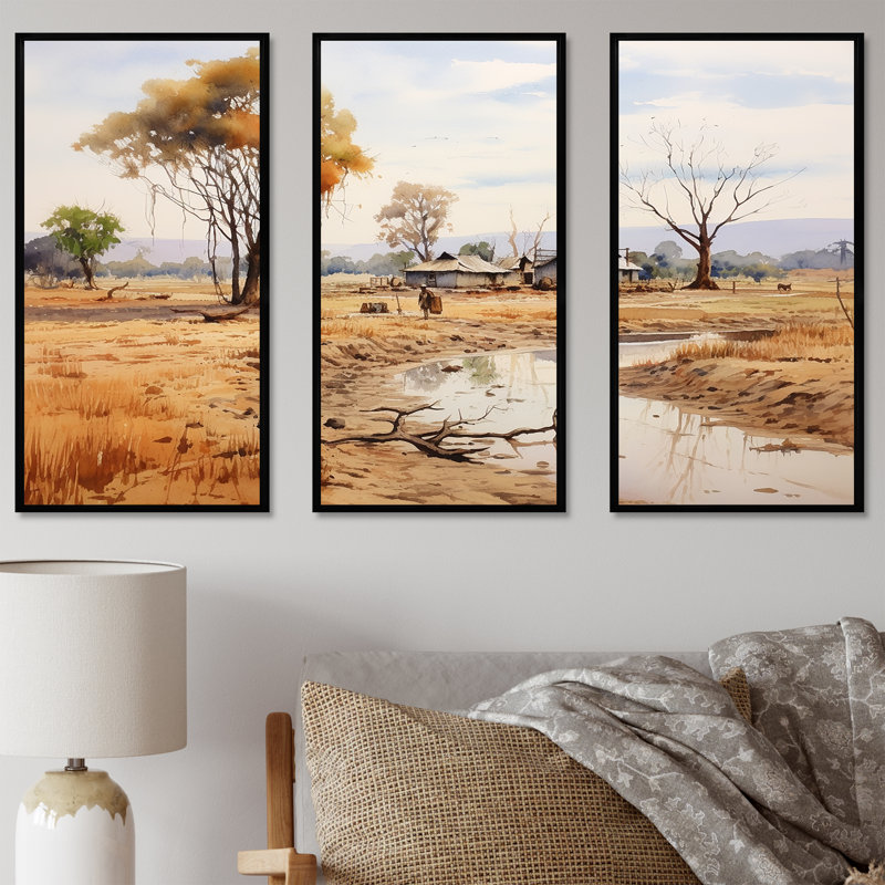 «Beige African Safari Landscape I», art mural Afrique, Cadre flottant noir, H 28 po x l 36 po x P 1 po