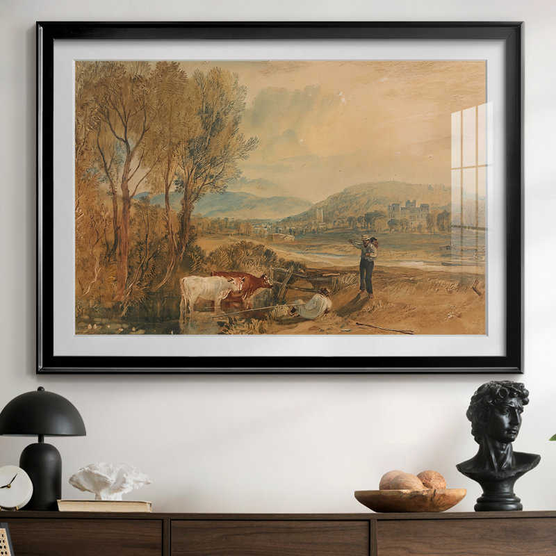 Paysage fluvial avec un château et des personnages-J.M.W. Turner, reproduction encadrée avec passe-partout et verre début du 19e siècle