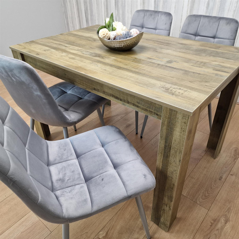 Dining Set of 4 Dining Table and 4 Velvet Chairs Dining Room Furniture, Grey, 75cm H x 140cm W x 80cm D