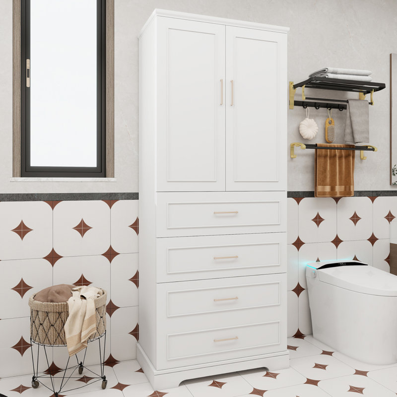 Armoire de rangement haute pour salle de bain, armoire étroite haute, armoire de salle de bain autoportante à 3 tiroirs, armoire de rangement blanche autoportante