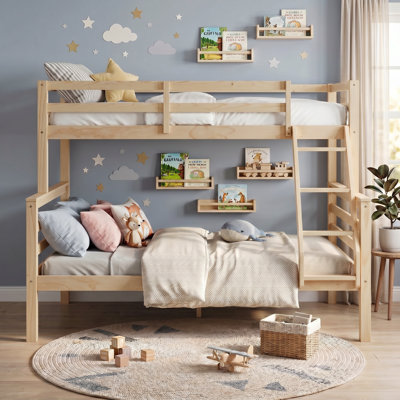 Twin over Full Wooden Bunk Bed, Natural with Ladder & High Guardrail