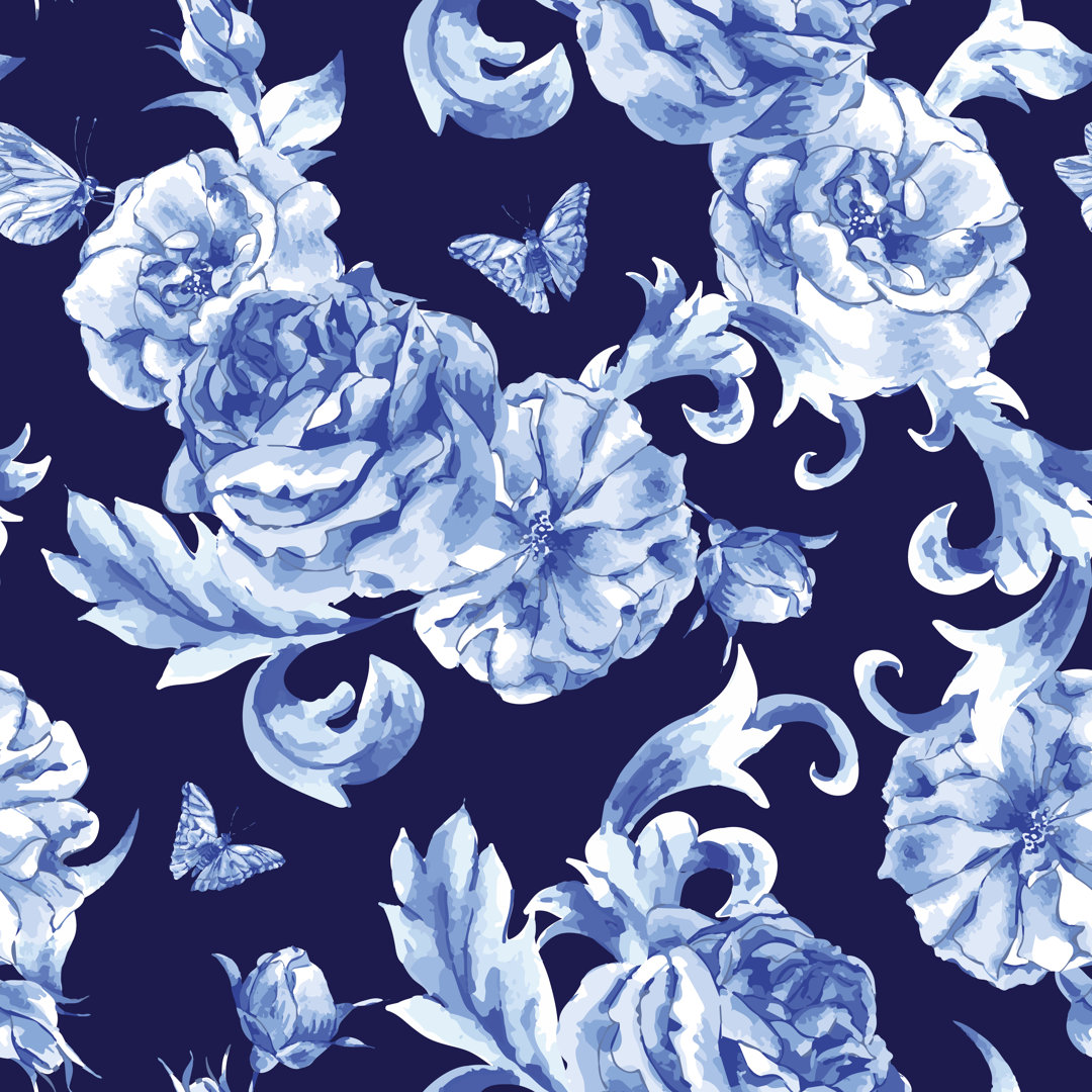 Overbrook Vintage Seamless Pattern Blue Roses And Butterflies - Wrapped Canvas Graphic Art