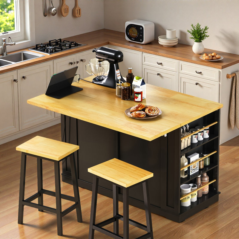 Grand îlot de cuisine roulant avec 2 tabourets de bar, abattant, prise de courant, supports de rangement internes, 5 supports latéraux ouverts, 2 tiroirs