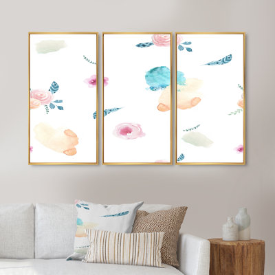 Fleurs abstraites roses et bleues - ensemble d'art mural sur toile traditionnel encadré de 3