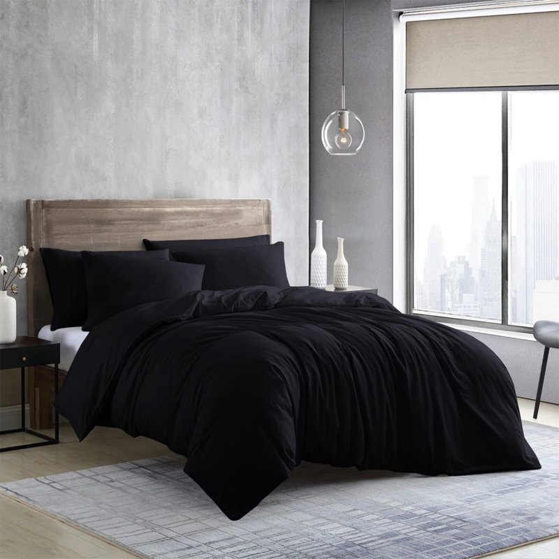 Edyson Microfiber Solid Colour Duvet Cover Set with Pillowcases, Black, Super King - 2 Standard Pillowcases