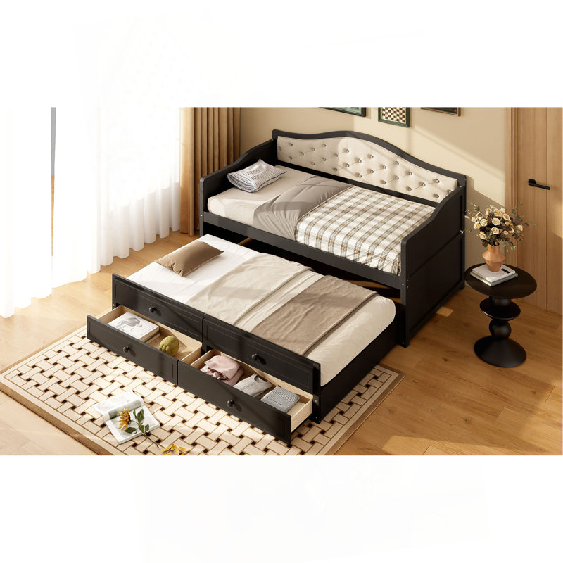 Twin Daybed With Trundle, Twin Size Daybed With 2 Storage Drawers, Wooden Sofa Bed With Upholstered Button Tufted Backrest For Living Room, Bedroom, Guest Room