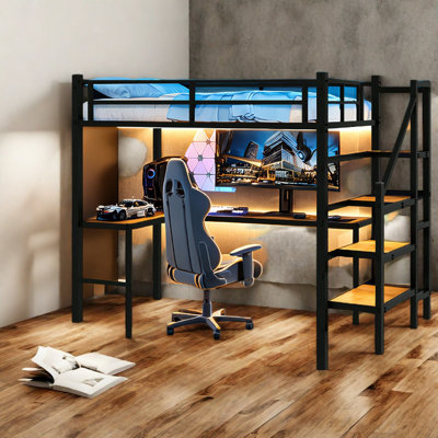 Lits gain d'espace avec rangement, lit mezzanine simple en métal et bois noir, style moderne
