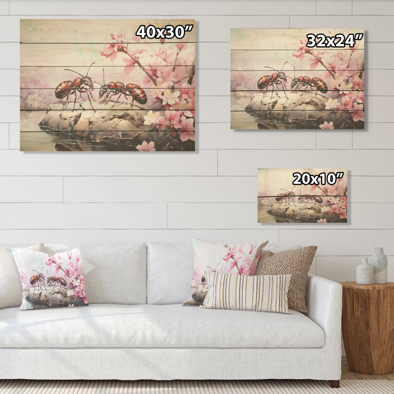 Pastor Gatherers, fourmis rouges, fleurs roses - fourmis, art mural sur bois de pin naturel, H 10 po x l 20 po