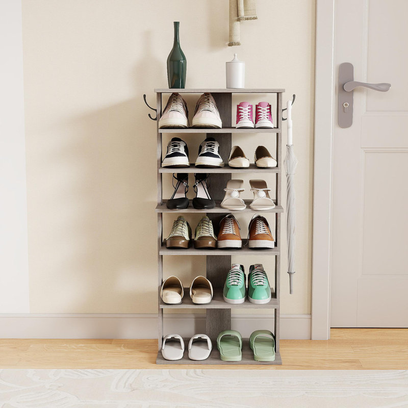 Shoe Rack,7 Tier Shoe Storage Organizer With Hooks, Entryway Shoe Tower,12-14Pairs Shoes,Vertical Shoe Organizer,Vertical Shoe Organizer,Easy Assemble,Saving Space,Rustic Gray
