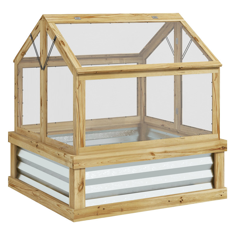 Lit de jardin surélevé en bois avec couverture de serre en polycarbonate Outsunny, finition naturelle