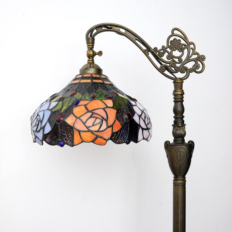 63"H Tiffany Style Floor Lamp with Stained Glass Shade and Resin Base, Black Background Rose Pattern