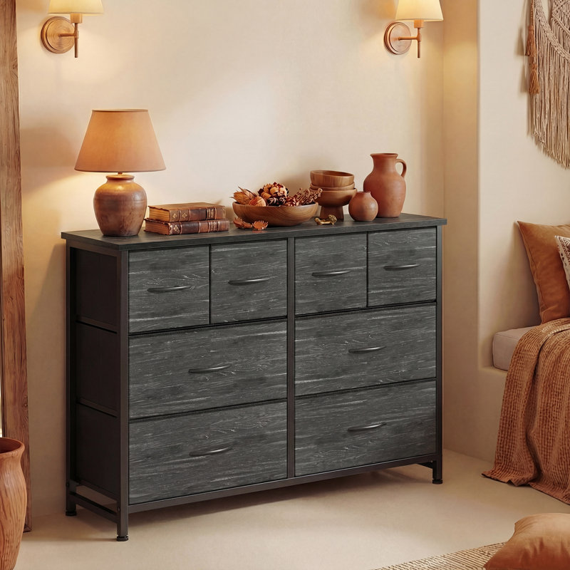 8-Drawer Fabric Dresser, 30"H Storage Chest with Wood Top, Wood Black
