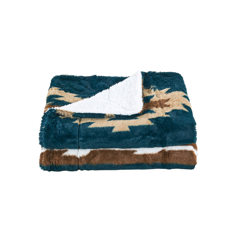 Southwest Faux Fur Sherpa Throw Blanket, Bleu sarcelle foncée, L 60 po x l 50 po