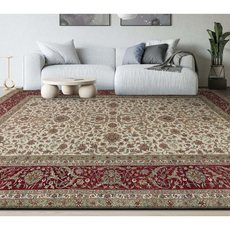 Tapis ivoire et rouge noué à la main de haute qualité