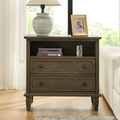 Amberlyn 28.2" W Traditional 2-Drawer End Table with Charging Station and Solid Wood Legs and Open Shelf by Kelly Clarkson Home