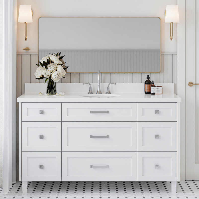 Ensemble de meuble-lavabo à simple cuve 61 avec comptoir en quartz pur ARIEL Monroe, Blanc