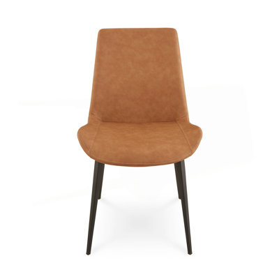 21 Inch Set Of 2 Dining Chairs, Brown Faux Leather, Angled Black Steel Legs