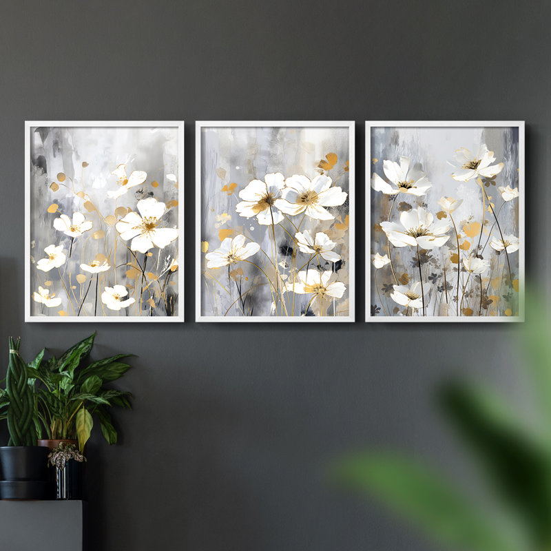 Étude florale Cxxxvi -Set de 3 estampes giclées encadrées -Prêt à, Blanc, H 10 po x l 8 po