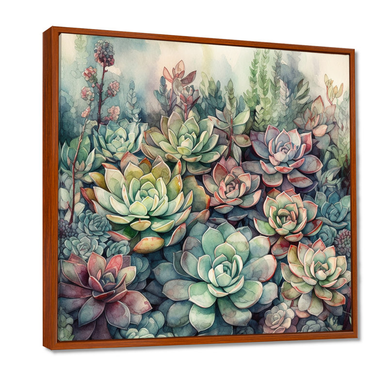 «Haidan Green Red Cactus Scenery I», reproduction sur toile, H 36 po x l 36 po, Cadre flottant brun