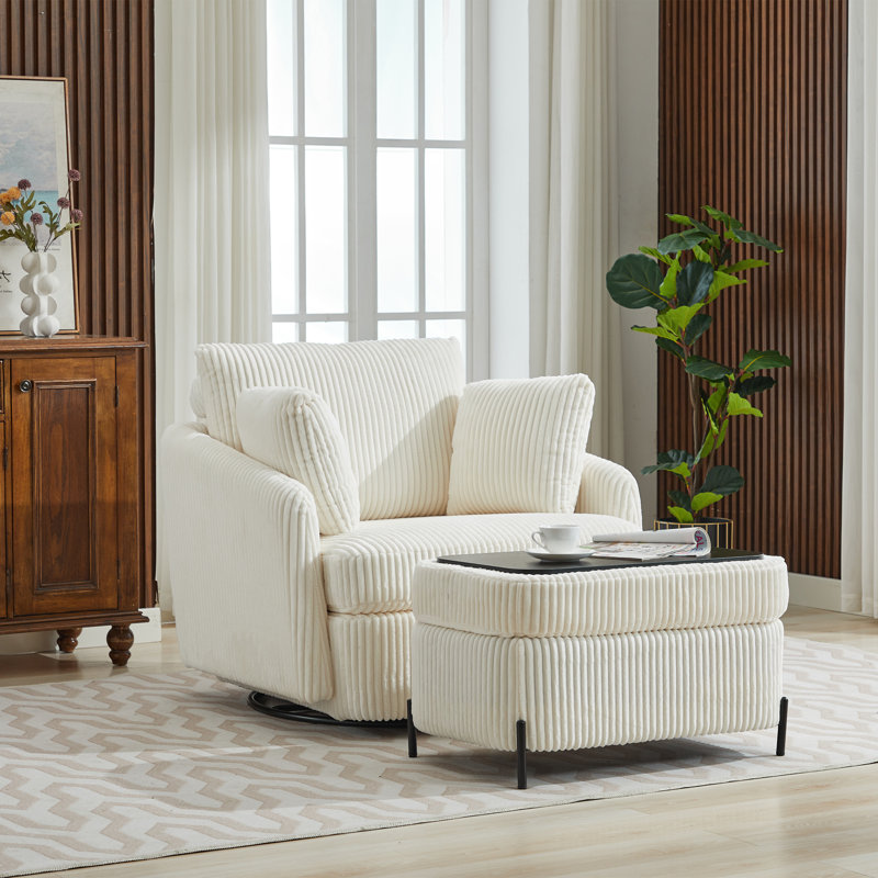 Chaise pivotante rembourrée avec repose-pieds avec rangement, Velours côtelé ivoire