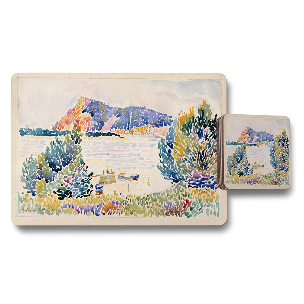 Impressionist Landscape Placemat and Coaster Set Lake View Art
