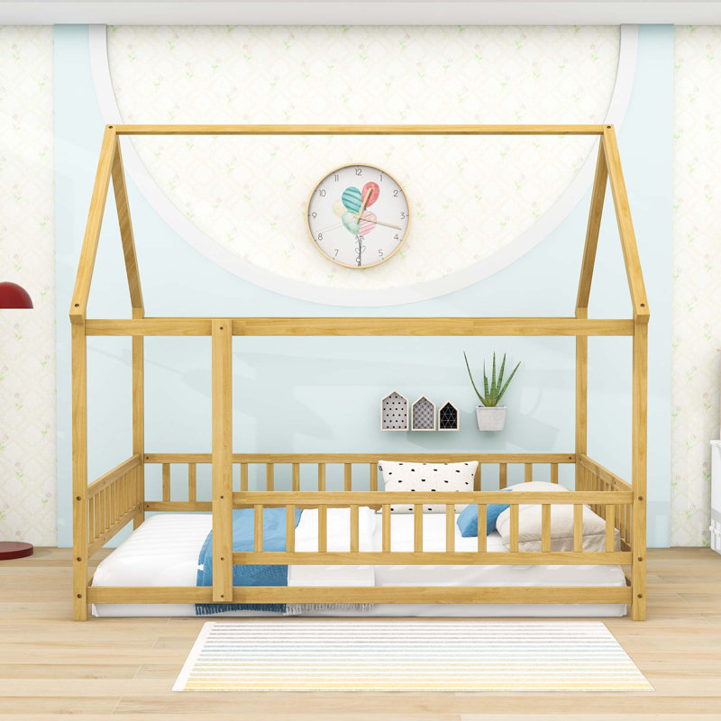 Lit sur pied en bois avec cadre de toit Huot, Double, Naturel