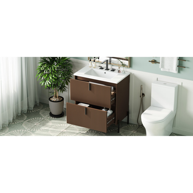 Meuble-lavabo en céramique brun foncé de 30 po, tiroirs à extension, fonction de fermeture en douceur, conception cannelée artisanale pour salle de bain de luxe brun avec lavabo, mécanisme,