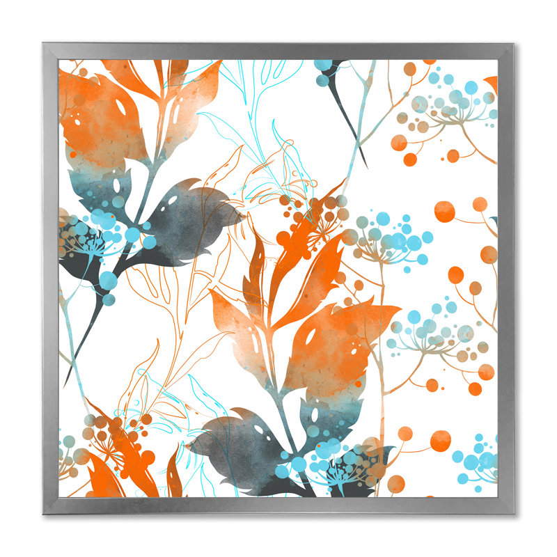 Boho orange et feuilles bleues - reproduction d'art sur toile traditionnelle, H 16 po x l 16 po x P 1 po, Cadre photo argenté