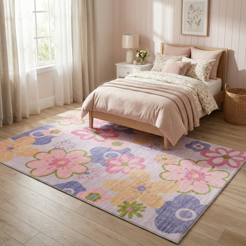 Tapis à motif floral rose / mauve pour enfant de 5 pi x 8 pi (5 pi 3 po x 7 pi 7 po) Branch Branch Bloom