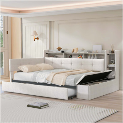 Lit de jour rembourré avec repose-pieds et tablettes avec couchette, charge USB et lumière DEL