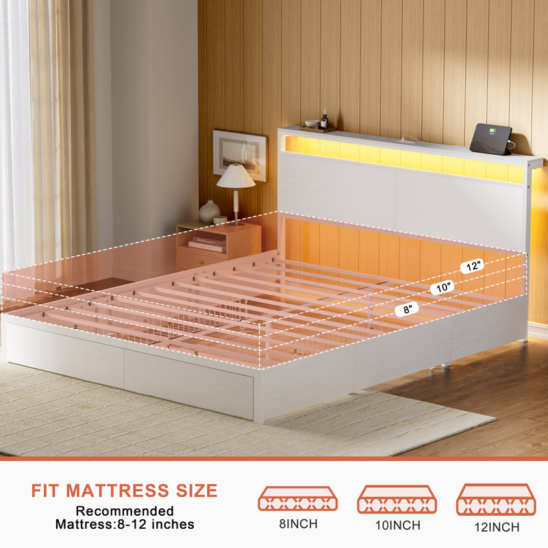 Antioch Bed Frame with 4 Drawers, Modern bed with LED Light and Charging Station, Storage Headboard, No Spring Box Needed