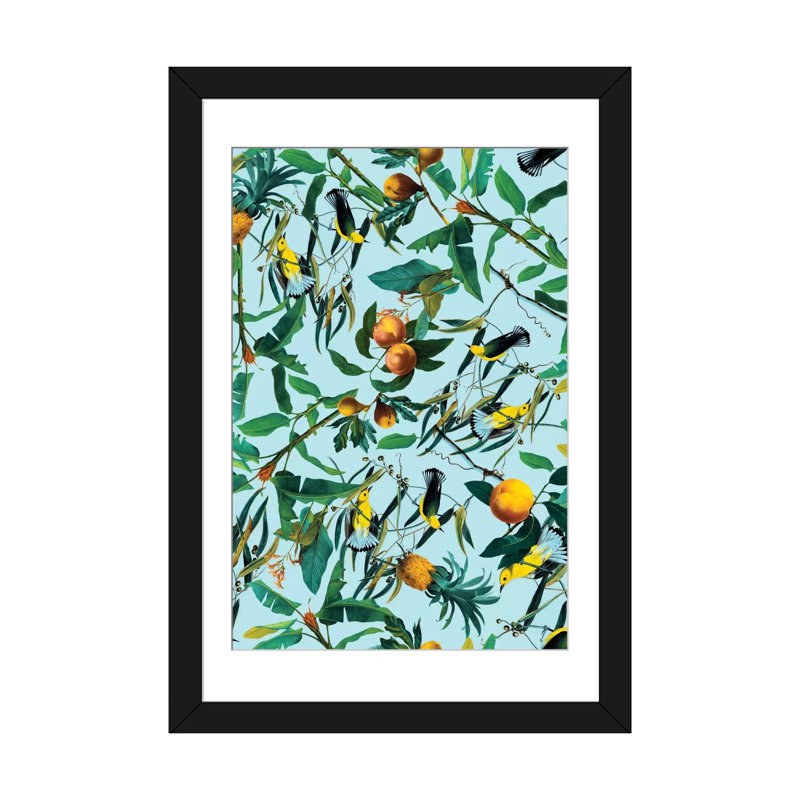 "fruits et oiseaux" , impression sur toile tendue, H 32 po x l 24 po x P 1 po, Papier avec cadre noir, Blanc