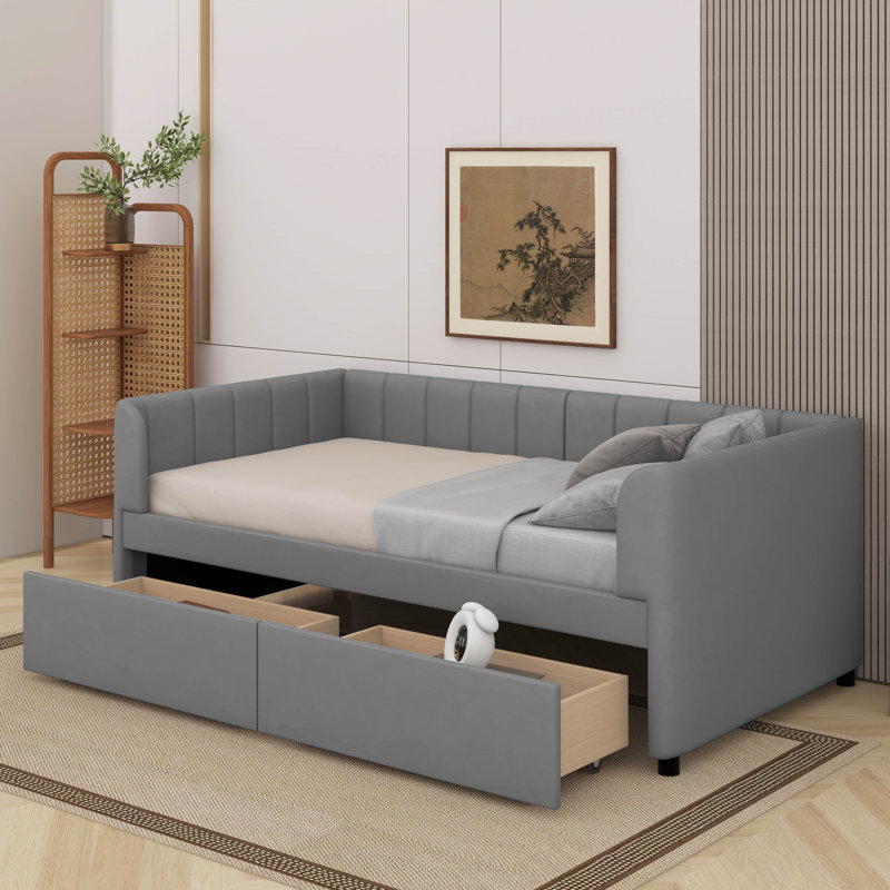Lit de jour simple tapissier avec 2 tiroirs, Gris