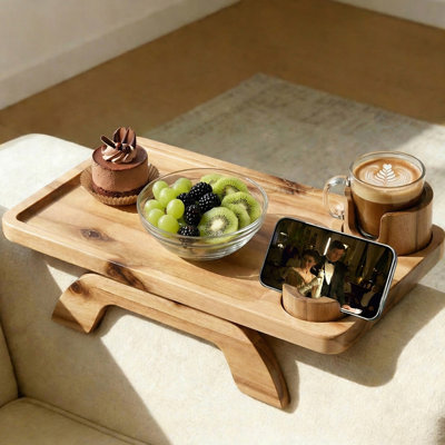 15" x 10" Rectangular 3-in-1 Solid Acacia Wood Clip-On Sofa Armrest Tray Table