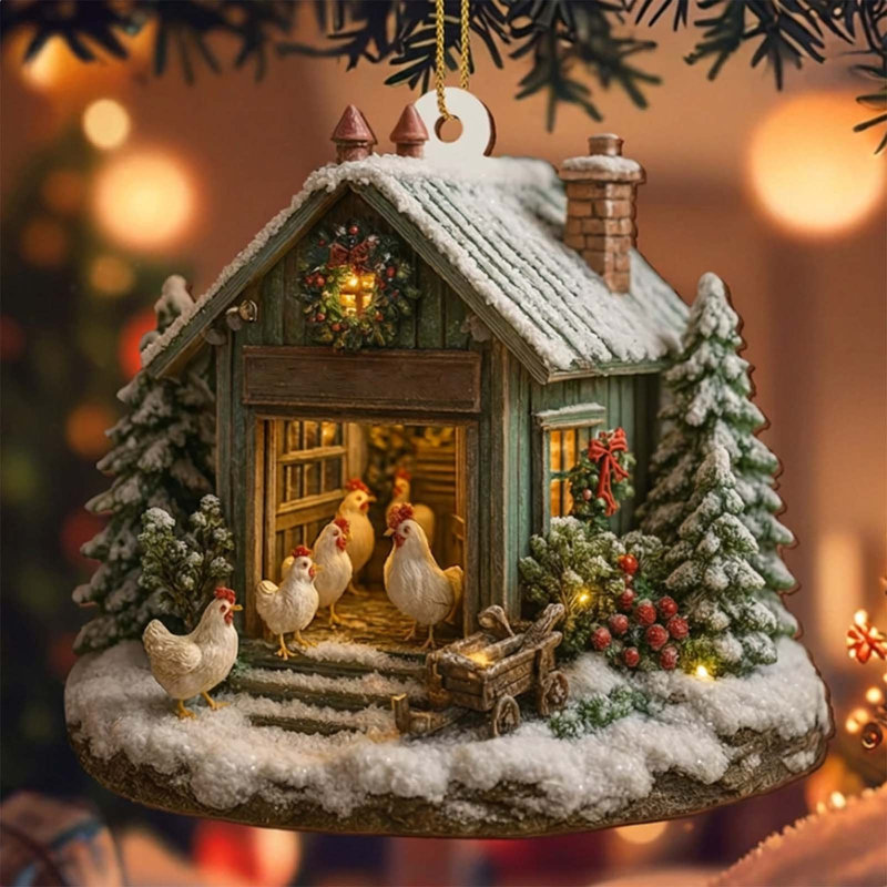 Décoration de Noël : Poulailler de Noël, ornement suspendu en acrylique 2D, abri à poules d'hiver, style ferme, cadeau pour les amoureux des poules.