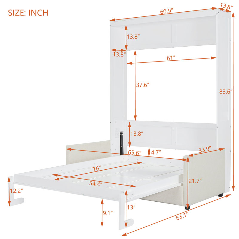 Lit escamotable double pleine grandeur avec coussin de canapé, rangement peu encombrant, blanc facile à utiliser