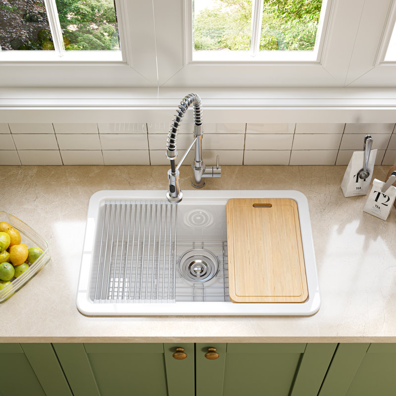  MorningGlow 30 in. Undermount/Drop-In Single Bowl White Fireclay Workstation Kitchen Sink with Accessories