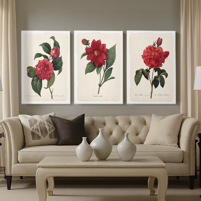 Red Botanical I - Toile tendue avec châssis sur mesure - 3 pièces, H 12 po x l 24 po