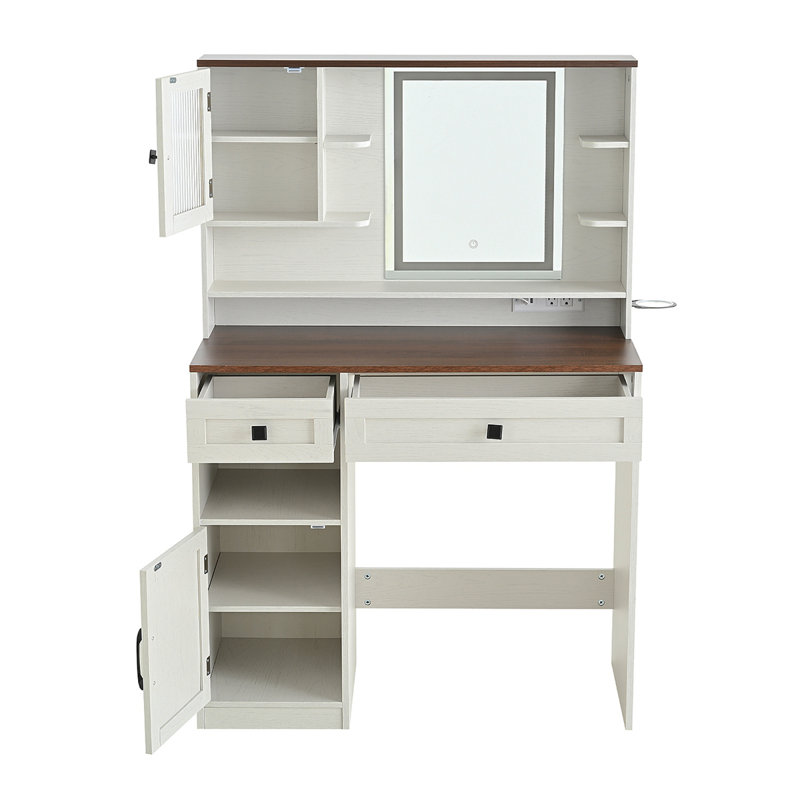 Ensemble de coiffeuse avec miroir et tabouret de maquillage avec lumières et station de charge, Blanc