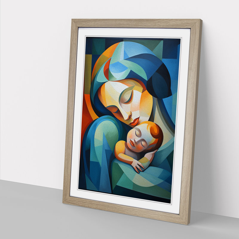 Mother And Baby Cubism No.3 - Single Picture Frame Print on Wood, 34cm H x 25cm W x 2cm D, Oak Framed