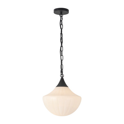 Ashwell 12-in Matte Black Pendant with Ribbed Opal Glass