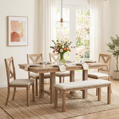 Ensemble de table de salle à manger extensible 6 pièces 82 "avec repose-pieds, 4 chaises rembourrées, un banc et deux rallonges amovibles - coussins en bois naturel et beige