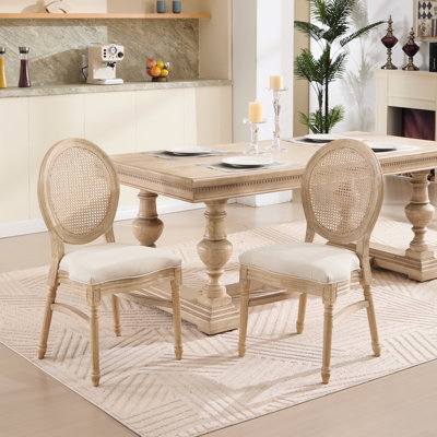 Chaises de salle à manger French Country, de 2, rembourrées, en lin de coton, avec dossier en filet naturel, détails, texture métallique, démontables, empilables, structure en bois massif, pieds avant arrondis, finition,