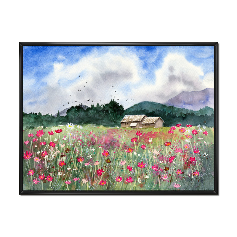 Paysage avec un champ de fleurs blanches et roses - Peinture sur toile, H 24 po x l 32 po x P 1 po, Cadre flottant noir