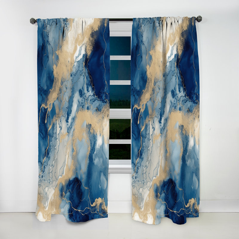 Rideau en velours moderne abstrait bleu et blanc liquide Art III - obscurcissant - 1 panneau, L 52 po x L 120 po
