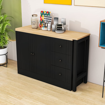 Buffet 3 tiroirs en bois avec table coulissante et armoire de rangement avec tablettes réglables