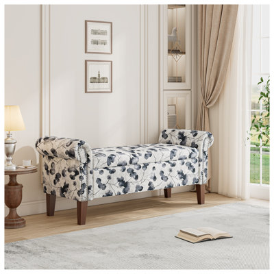 Repose-pieds de rangement avec accoudoirs roulés 56,5 po avec compartiment à couvercle dissimulé, tissu en polyester multicolore pour chambre à coucher