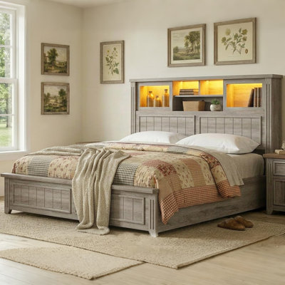 Queen Size Farmhouse Storage Platform Bed with LED Light, Hidden Storage Headboard & 4 Drawers, Gray