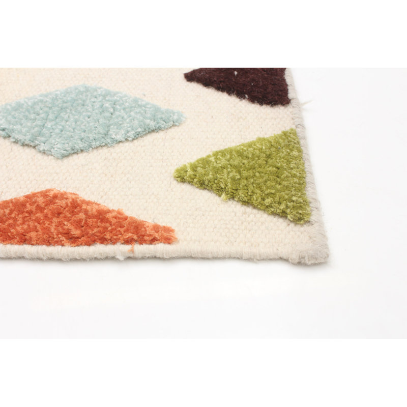 Tapis ivoire / vert / orange en laine noué à la main Aleli, Rectangle 5 pi x 8 pi 1 po