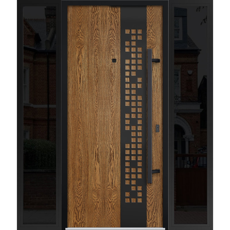 Front Exterior Prehung Steel Door Deux 6678 Natural Oak 2 Side Exterior Windows Sidelites/ Entry Metal Modern Painted W14+36+14 x H80 Left hand Inswing